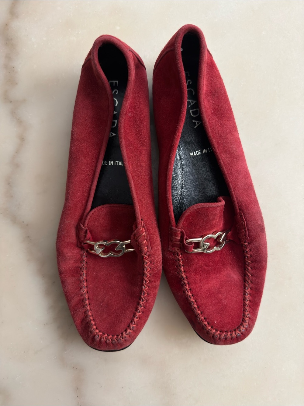 Escada | Vintage Red Suede Handsewn Moccasin Flats Silver Hardware Size 36.5